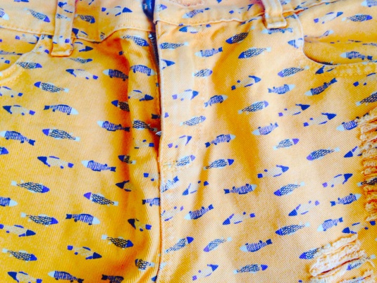 short laranja com desenhos de peixinhos azuis