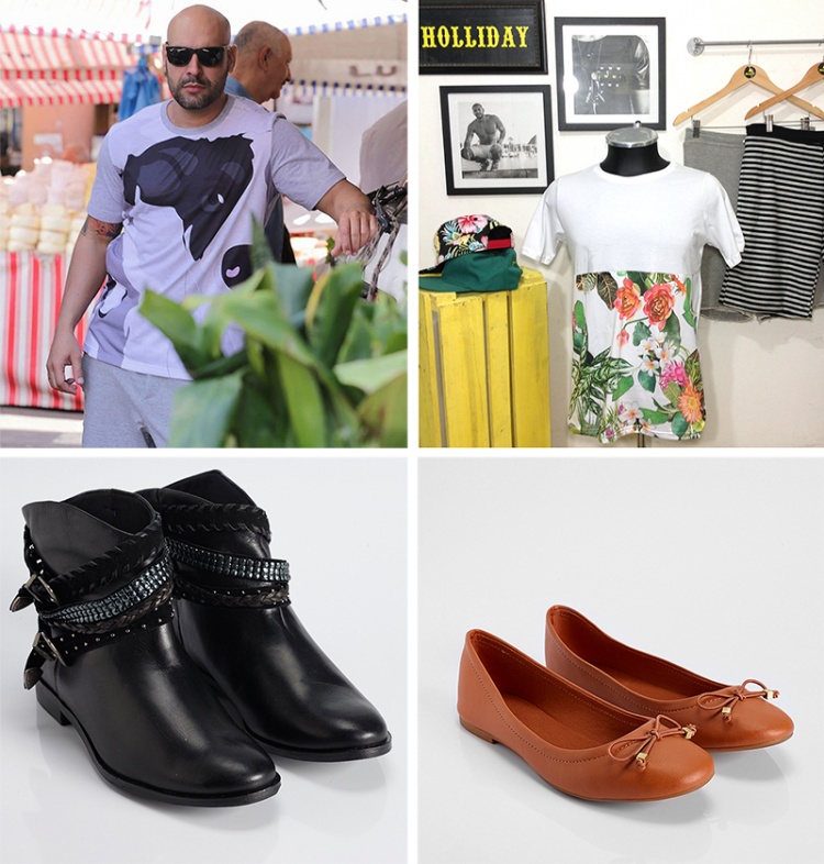 As marcas masculinas Complexo B (50% off) e Holliday (35% off). Abaixo, a bota da Via Mia sai por R$ 79,50 e a sapatilha por R$ 44,50 (50% off).